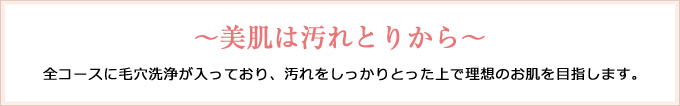 ～美肌は汚れとりから～全コースに毛穴洗浄が入っており、汚れをしっかりとった上で理想のお肌を目指します。