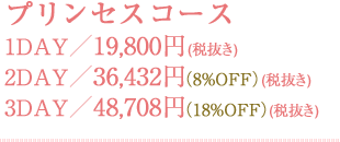 プリンセスコース 1DAY／19,800円(税抜き) 2DAY／36,432円（8%OFF）(税抜き) 3DAY／48,708円（18%OFF）(税抜き)