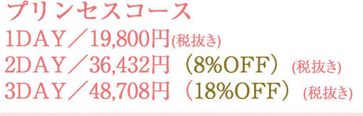 プリンセスコース 1DAY／19,800円(税抜き) 2DAY／36,432円（8%OFF）(税抜き) 3DAY／48,708円（18%OFF）(税抜き)